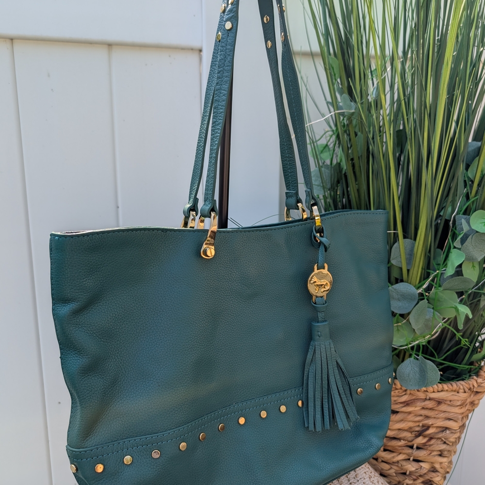 EMMA FOX elegant GREEN Genuine Leather Tote Bag with Gold Accents